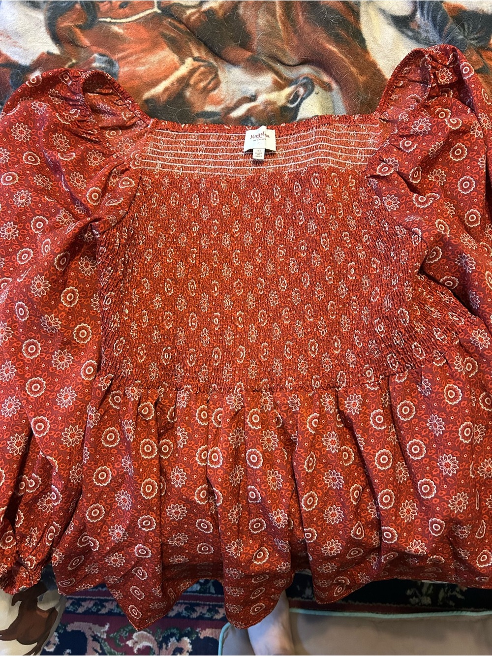 Smocked Rust Red Floral Peasant Blouse - Hayden Los Angeles